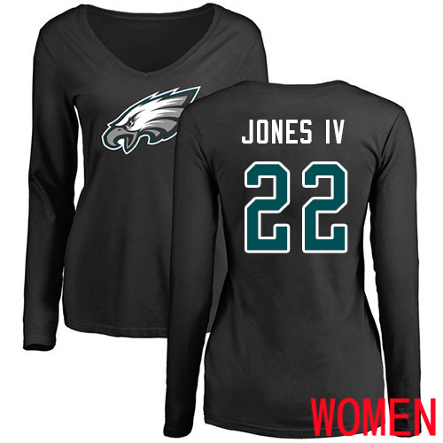Women Philadelphia Eagles #22 Sidney Jones Black Name and Number Logo Slim Fit Long Sleeve NFL T Shirt.->nfl t-shirts->Sports Accessory